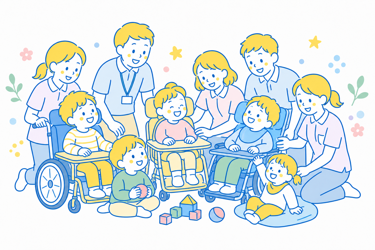 車いすの子どもを中心に大人たちが支える集合イラスト